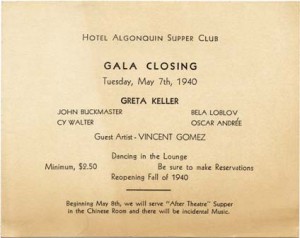 Algonquin Supper Club Closing Announcement Card 05.07.1940 Cover Page