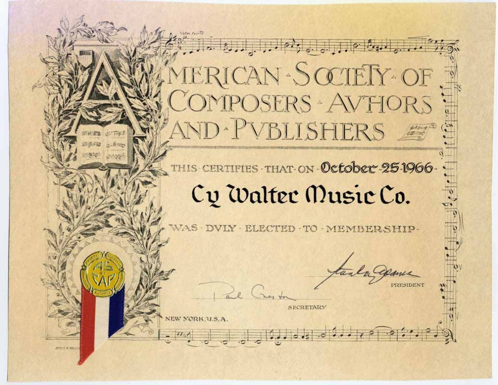 ASCAP Cy Walter Music Co. Membership Certificate 10.25.1966