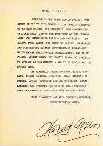 Harold Arlen General Letter Of Gratitude 03.28.1965