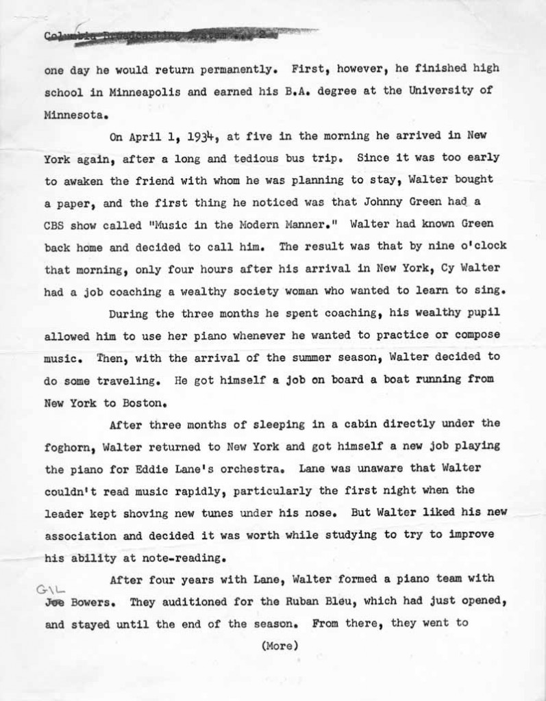 CBS Biographical Service Cy Walter Draft 08.29.1950 Page 2