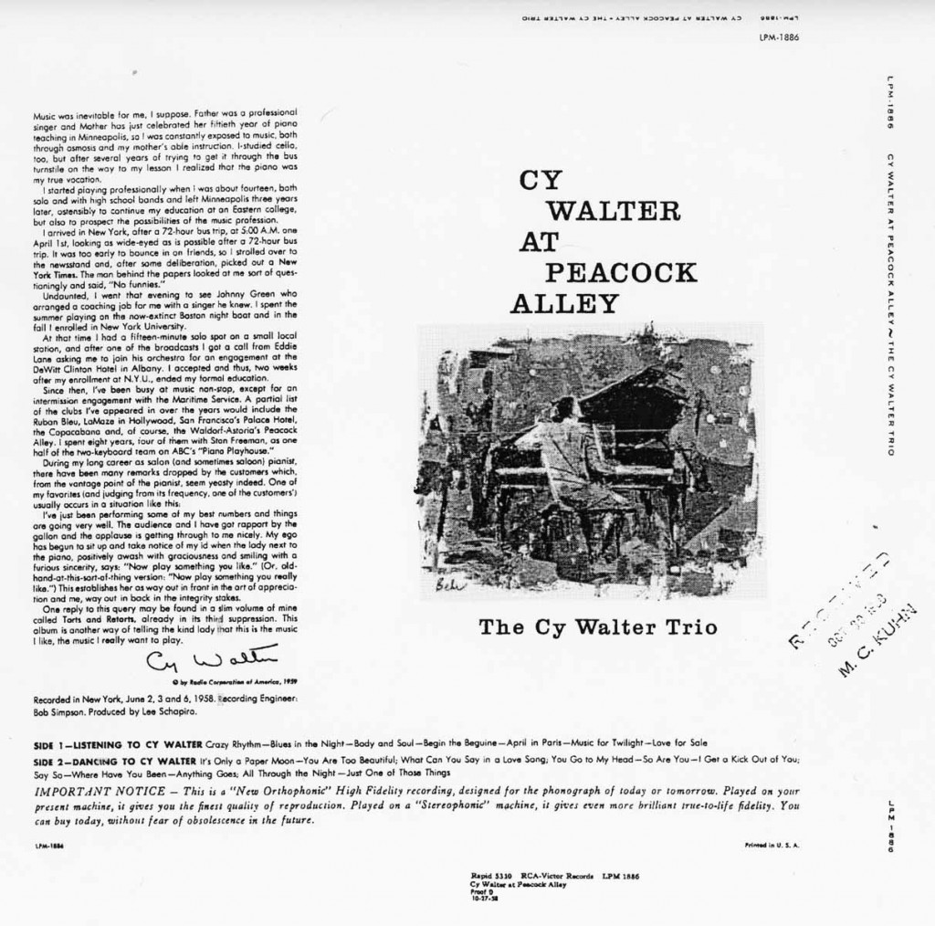 Cy Walter At Peacock Alley Unreleased Album Cover Proof 10.30.1958